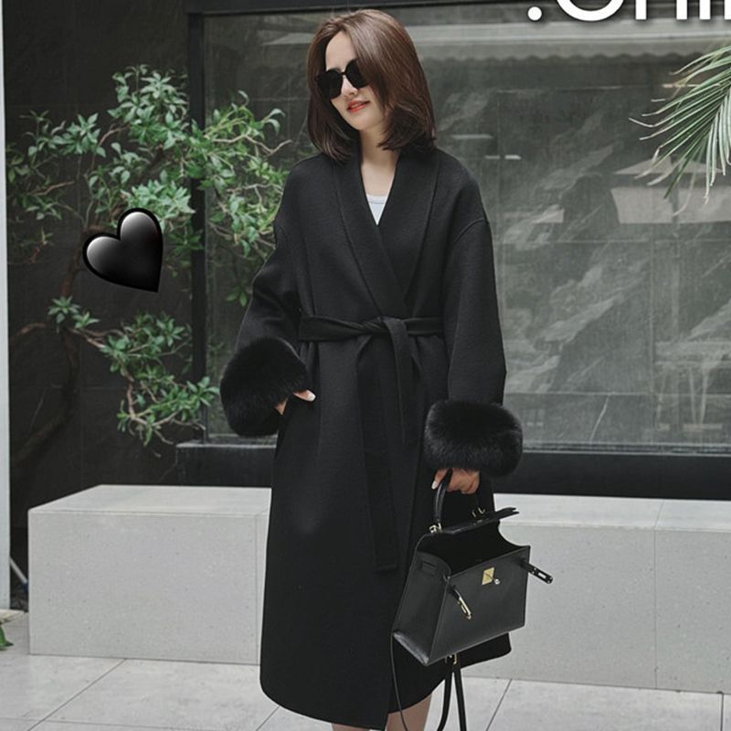 Wool Coat For Women Mid-length Black With Fox-fur Cuffs - Image 3