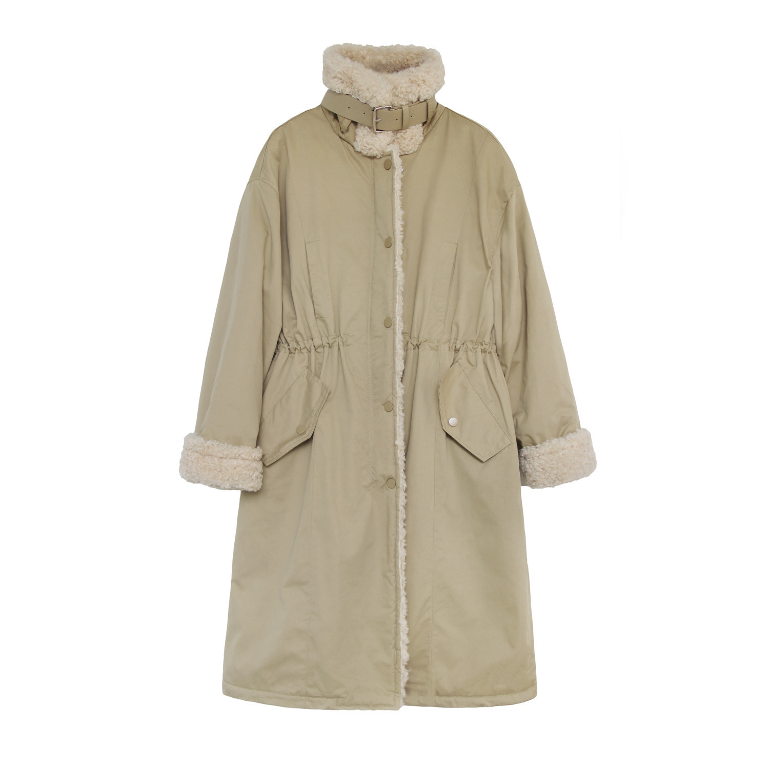 Khaki Waisted Rabbit Fur Lining Cotton Coat - Image 2