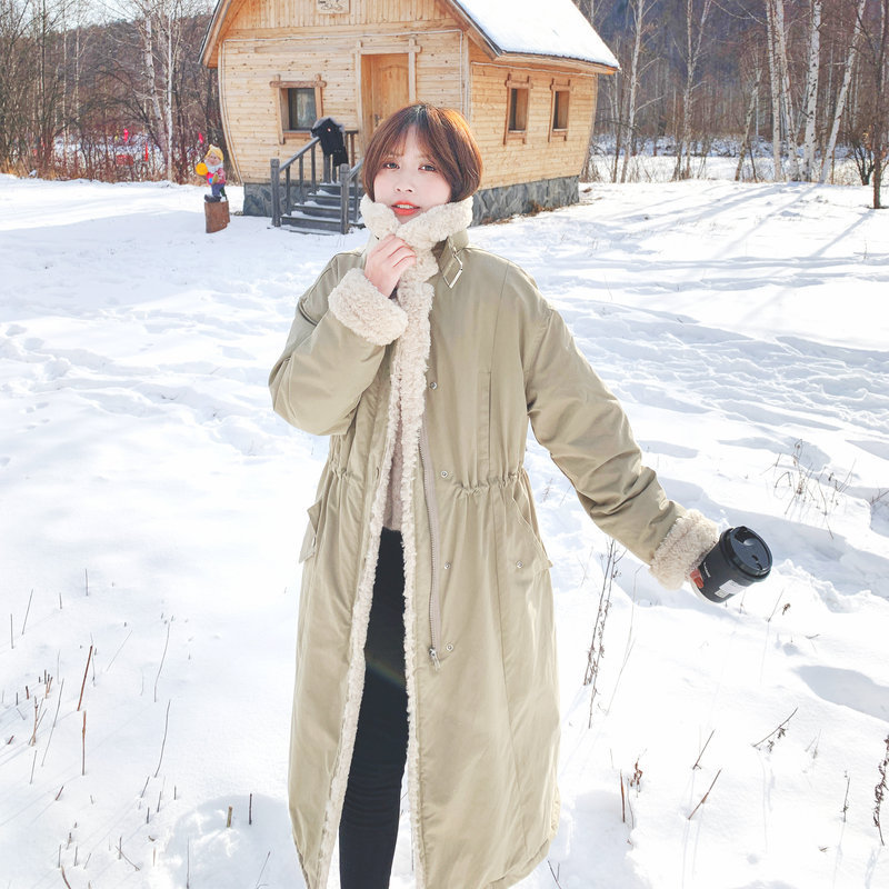 Khaki Waisted Rabbit Fur Lining Cotton Coat - Image 3