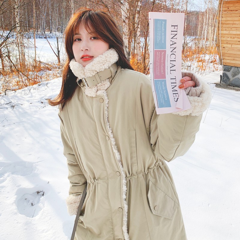 Khaki Waisted Rabbit Fur Lining Cotton Coat - Image 4