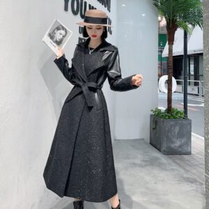 New Style Suit Collar Stitching PU Leather Mid-length Over-the-knee Thickened Thin Windbreaker Jacket