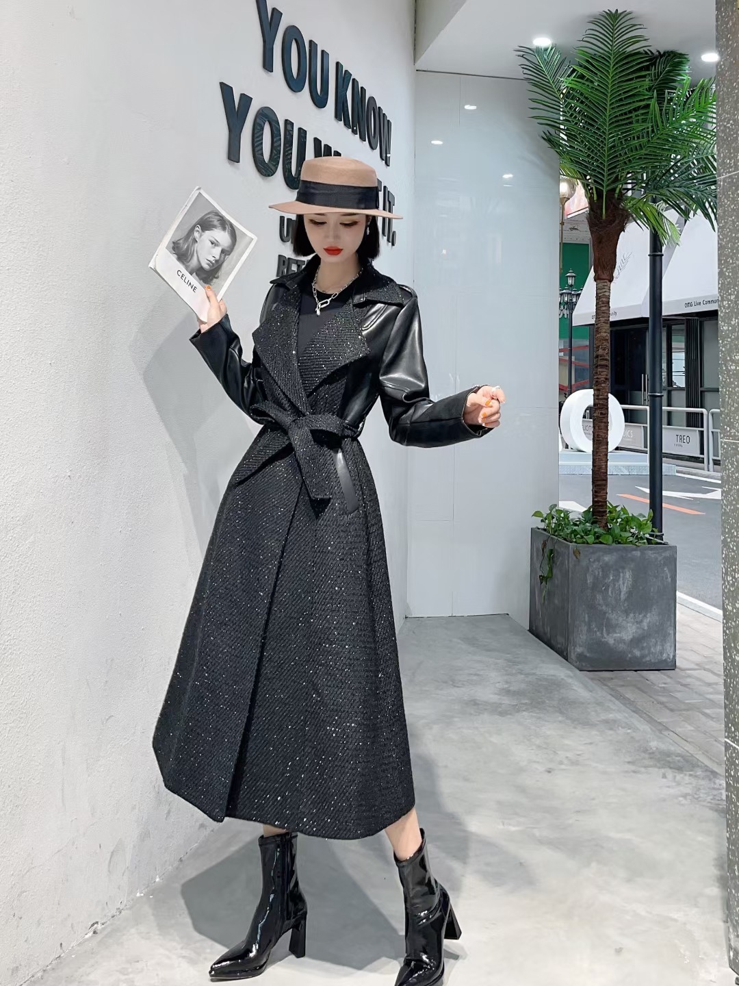 New Style Suit Collar Stitching PU Leather Mid-length Over-the-knee Thickened Thin Windbreaker Jacket