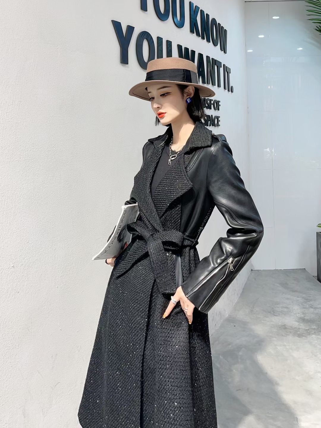 New Style Suit Collar Stitching PU Leather Mid-length Over-the-knee Thickened Thin Windbreaker Jacket - Image 2