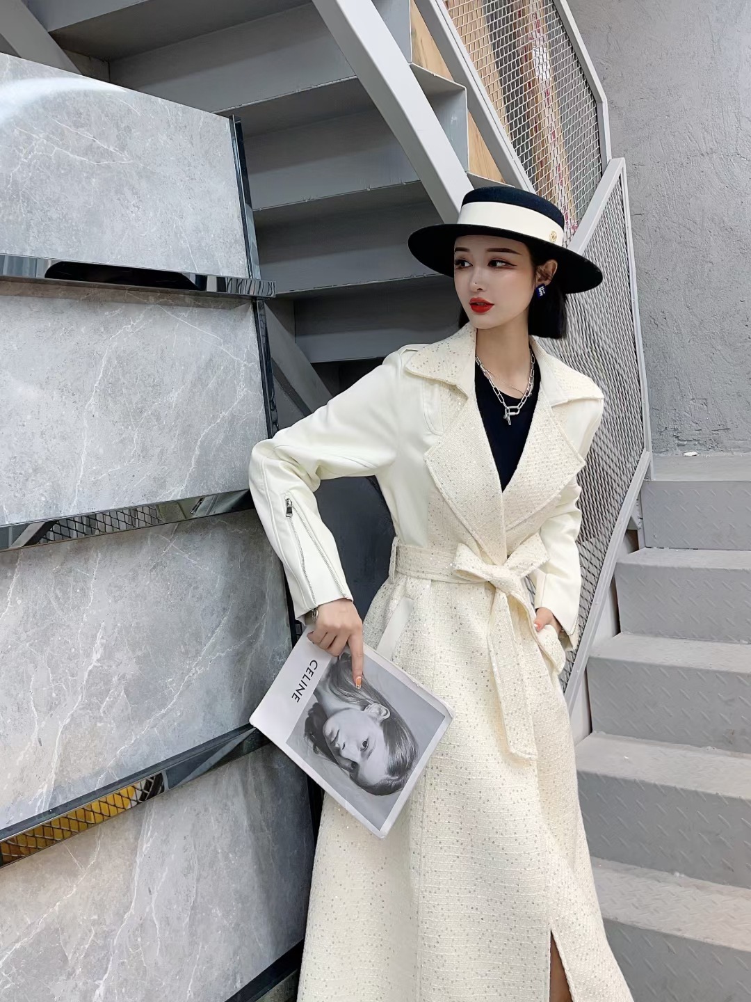 New Style Suit Collar Stitching PU Leather Mid-length Over-the-knee Thickened Thin Windbreaker Jacket - Image 4