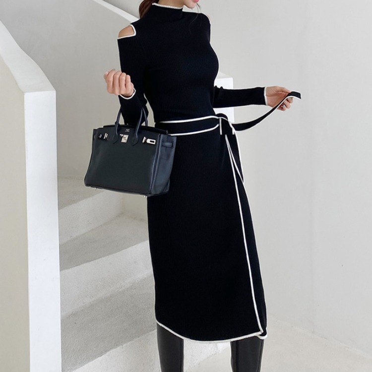 Lace-up Slip-shoulder Knitted Sweater Dress - Image 4