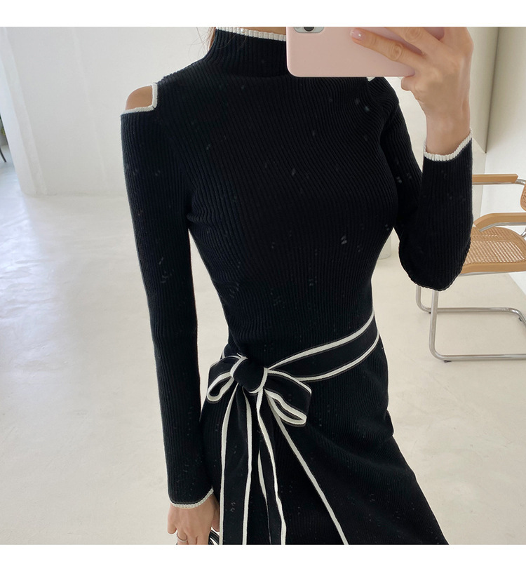 Lace-up Slip-shoulder Knitted Sweater Dress - Image 5