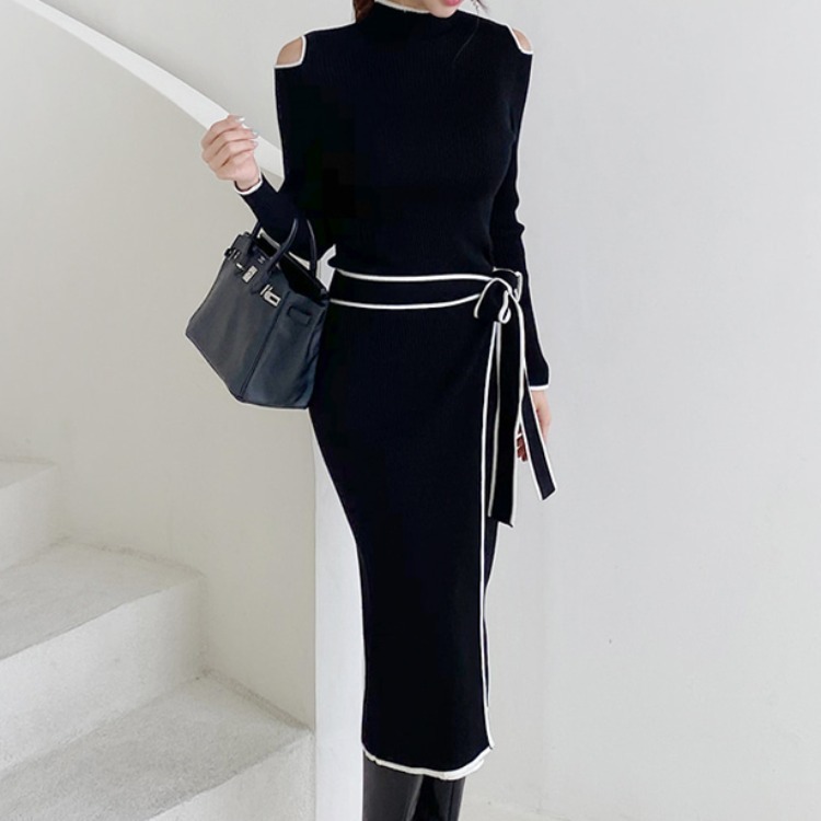 Lace-up Slip-shoulder Knitted Sweater Dress - Image 6