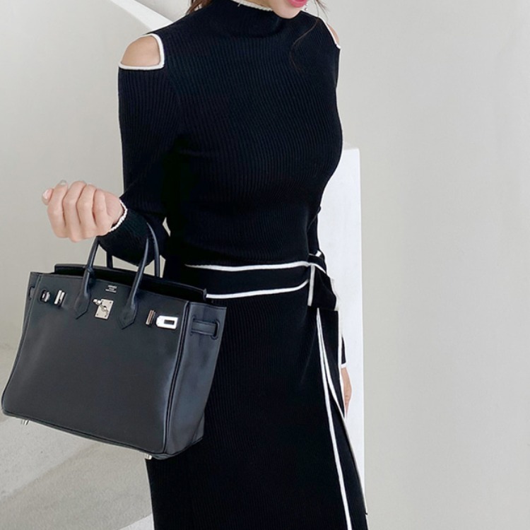 Lace-up Slip-shoulder Knitted Sweater Dress - Image 8