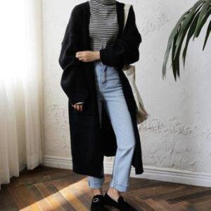 Women's Mid-length Crimped Solid Color Lazy Loose Knit Long-sleeved Sweater Coat