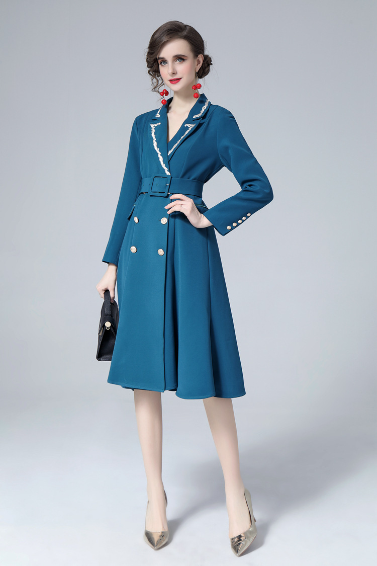 Women's Suit Collar Double Breasted Slim Fit Dress With Belt - Image 3