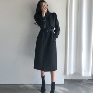 Lapel Double Breasted Nipped Waist Straight Over-the-Knee Mid-Length Trench Coat