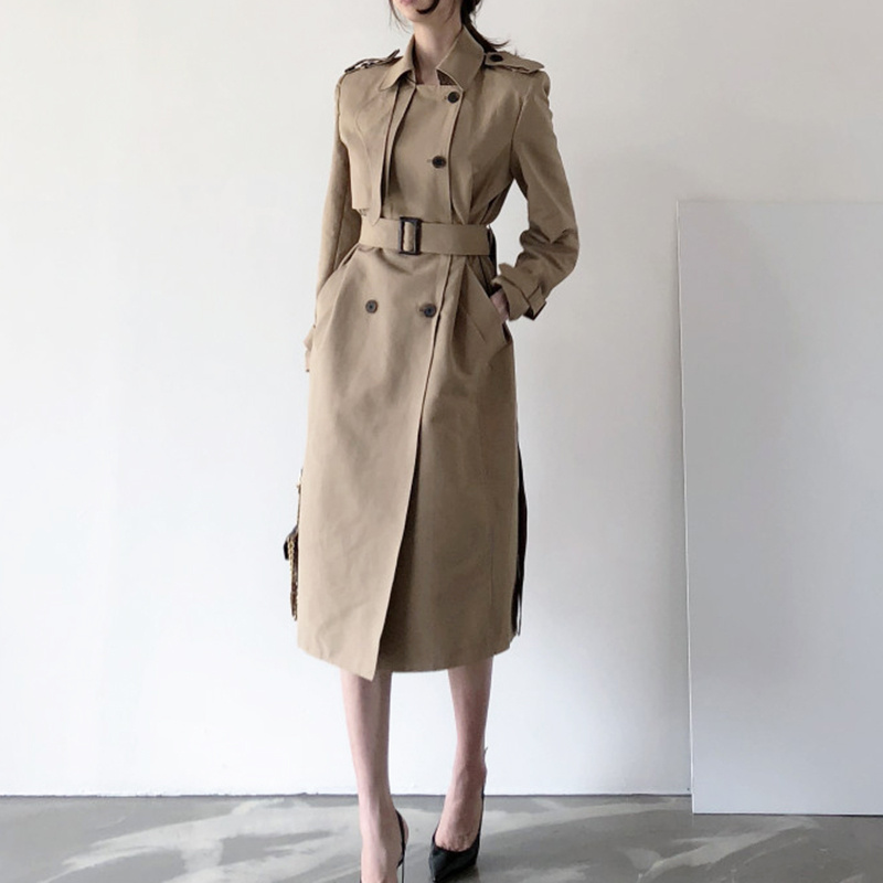 Lapel Double Breasted Nipped Waist Straight Over-the-Knee Mid-Length Trench Coat - Image 2
