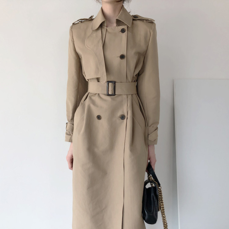 Lapel Double Breasted Nipped Waist Straight Over-the-Knee Mid-Length Trench Coat - Image 3