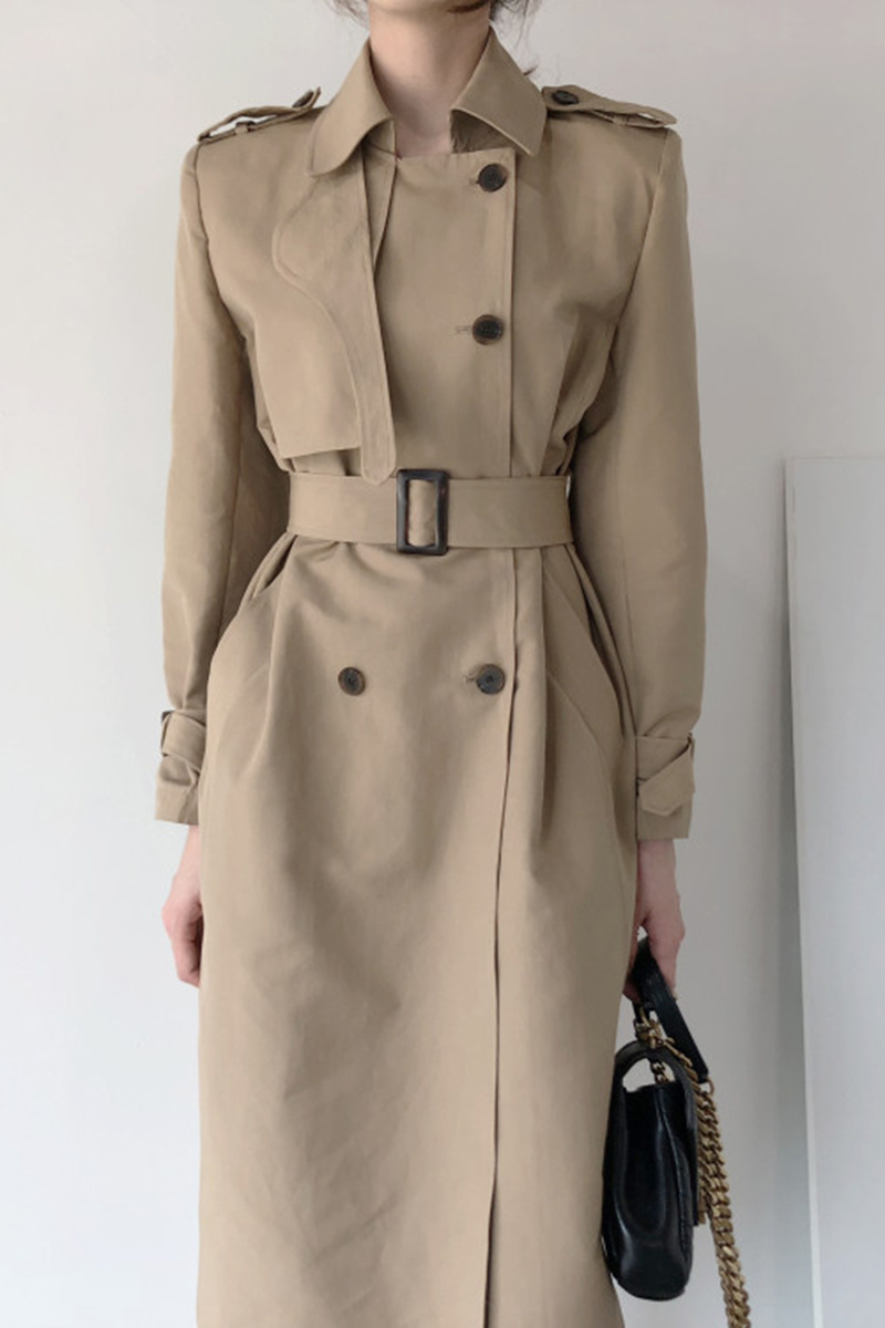 Lapel Double Breasted Nipped Waist Straight Over-the-Knee Mid-Length Trench Coat - Image 4