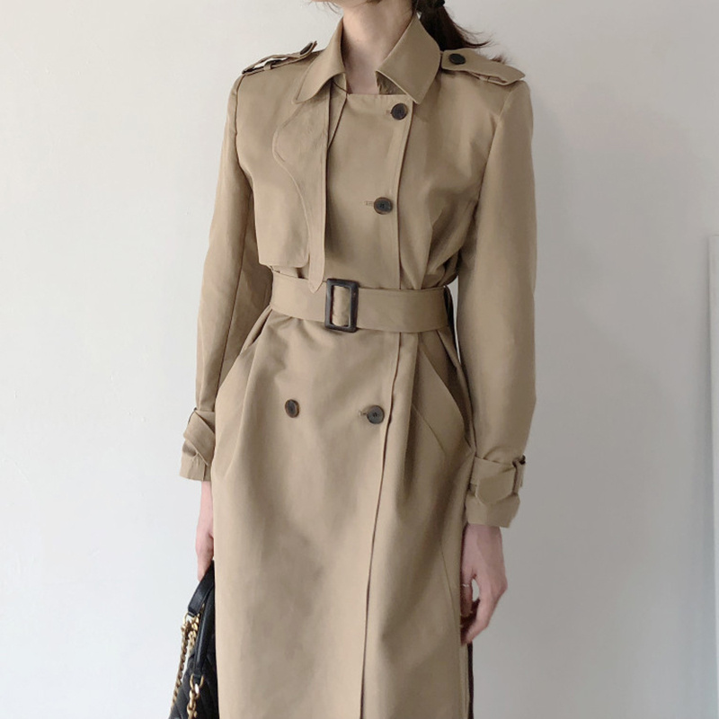 Lapel Double Breasted Nipped Waist Straight Over-the-Knee Mid-Length Trench Coat - Image 5