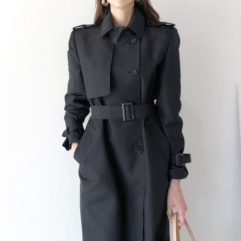 Lapel Double Breasted Nipped Waist Straight Over-the-Knee Mid-Length Trench Coat - Image 6