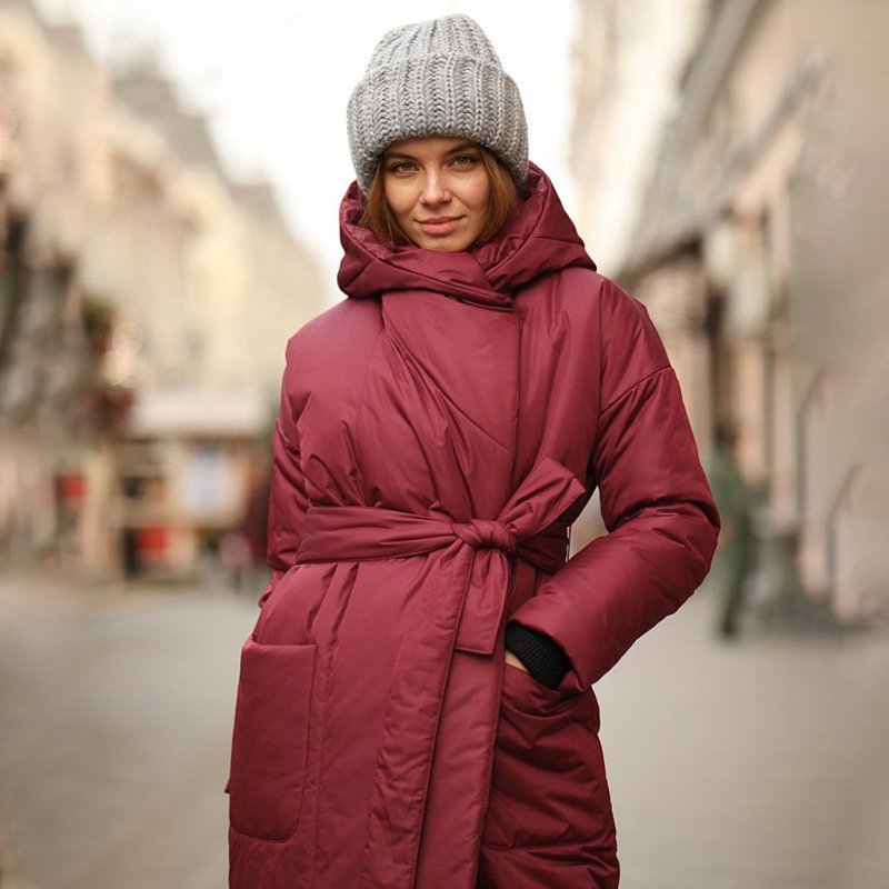 Snow Thickened Coat Hooded Belt Long Cotton Padded Jacket Women - Image 2