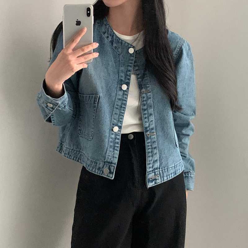 Retro Crew Neck Double Pocket Simple Wash Denim Jacket