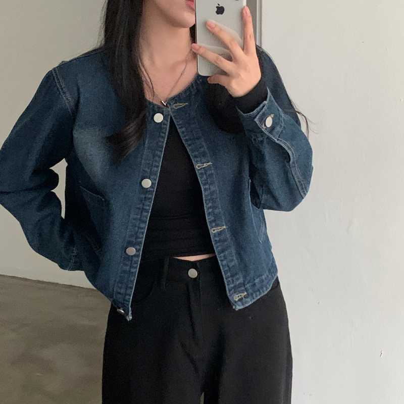 Retro Crew Neck Double Pocket Simple Wash Denim Jacket - Image 2