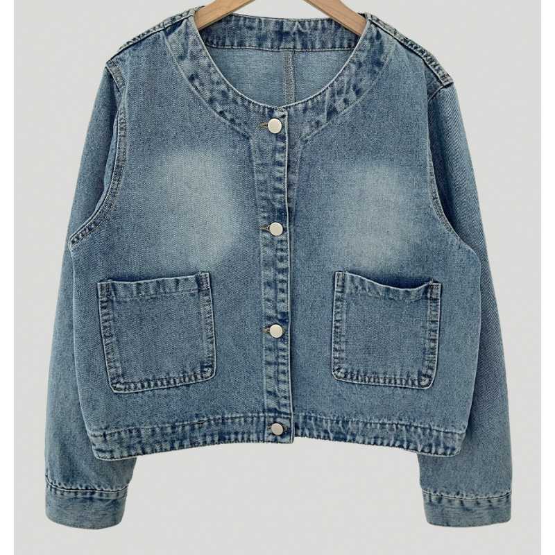 Retro Crew Neck Double Pocket Simple Wash Denim Jacket - Image 6
