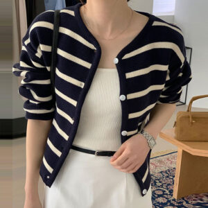 Women's Loose Striped Contrast Color Knitted Cardigan Sweater Coat