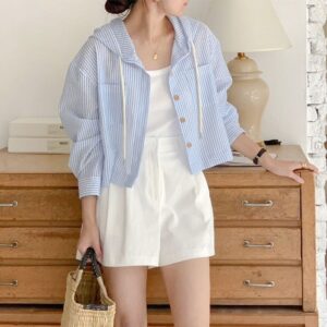 Single-breasted Striped Contrast Color Short Loose Long Sleeves Sun Protection Hooded Shirt