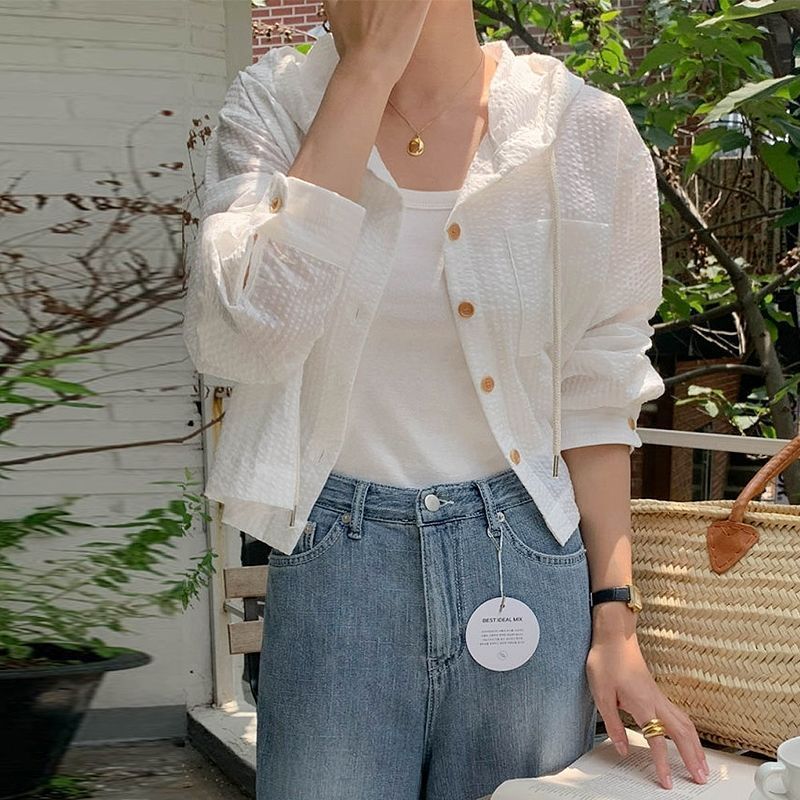 Single-breasted Striped Contrast Color Short Loose Long Sleeves Sun Protection Hooded Shirt - Image 3