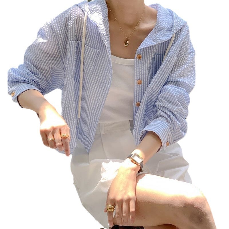 Single-breasted Striped Contrast Color Short Loose Long Sleeves Sun Protection Hooded Shirt - Image 5