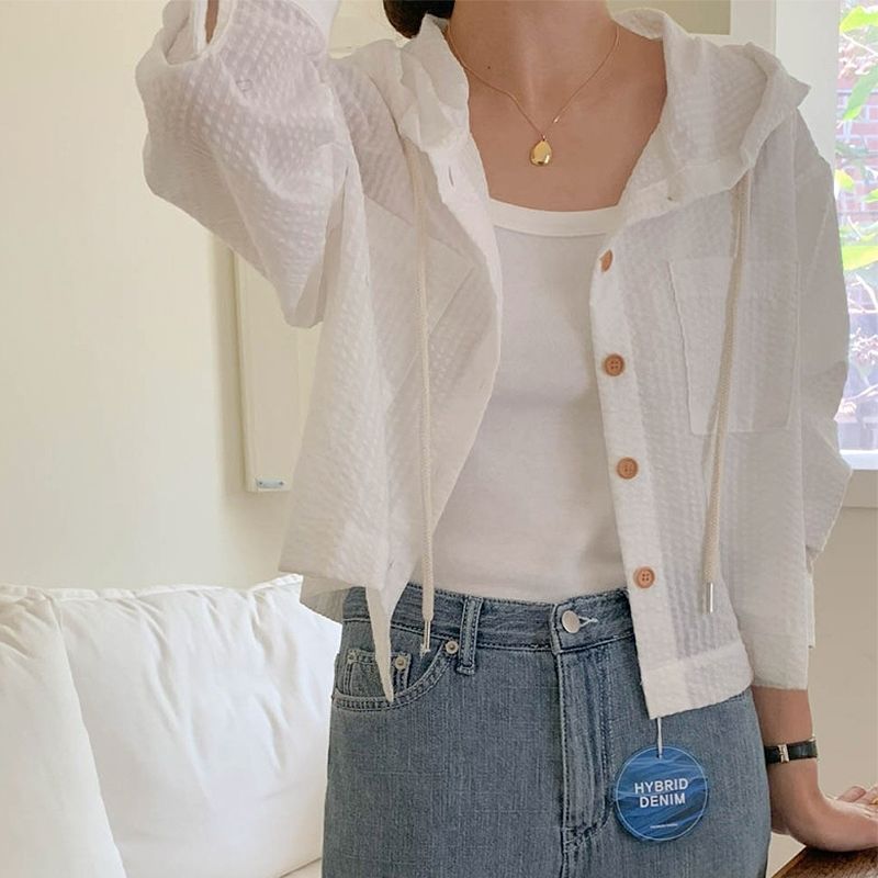 Single-breasted Striped Contrast Color Short Loose Long Sleeves Sun Protection Hooded Shirt - Image 6