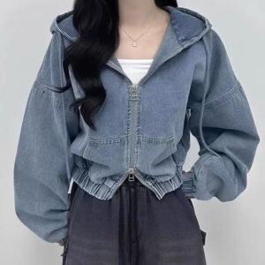 Hong Kong Style Elegant Double Zipper Loose Leisure Short Long Sleeve Hooded Denim Jacket