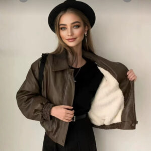 Zipper And Lapel Long Sleeve Loose All-matching Fleece-lined Cropped Leather Coat