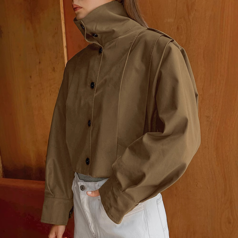 Khaki Lapel Simple Single-breasted Coat - Image 2