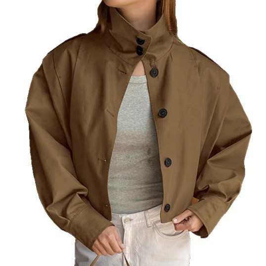 Khaki Lapel Simple Single-breasted Coat - Image 5