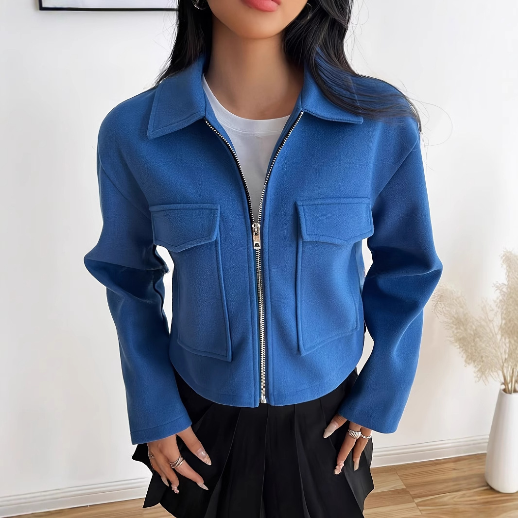Women's Fashion Solid Color Short Autumn And Winter Long-sleeve Zipper Jacket - Image 5