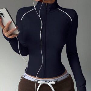 Short Contrast Color Sports Yoga Jacket Fitness Zip Long Sleeve Coat