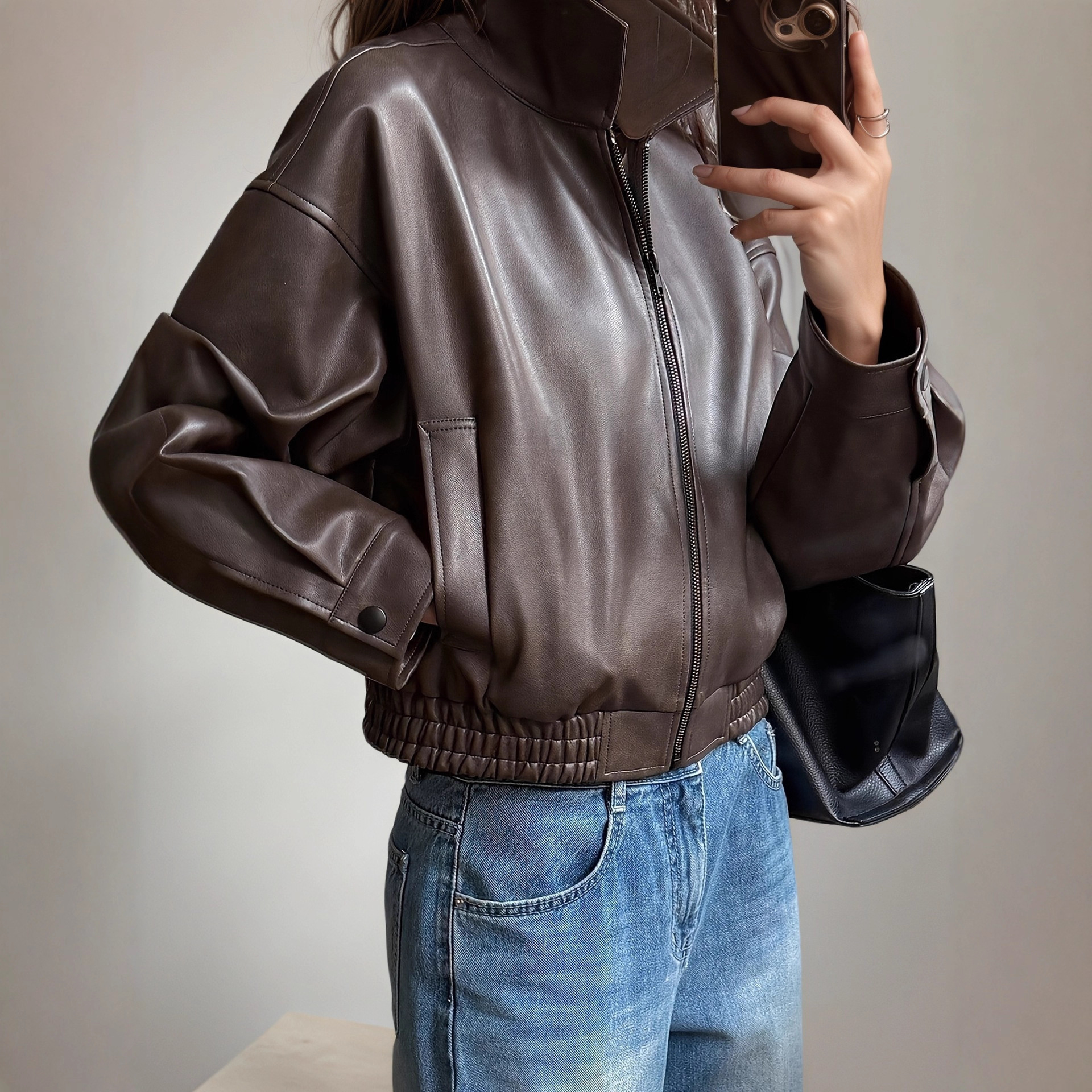Leather Retro Jacket Long-sleeved Leather Coat - Image 2