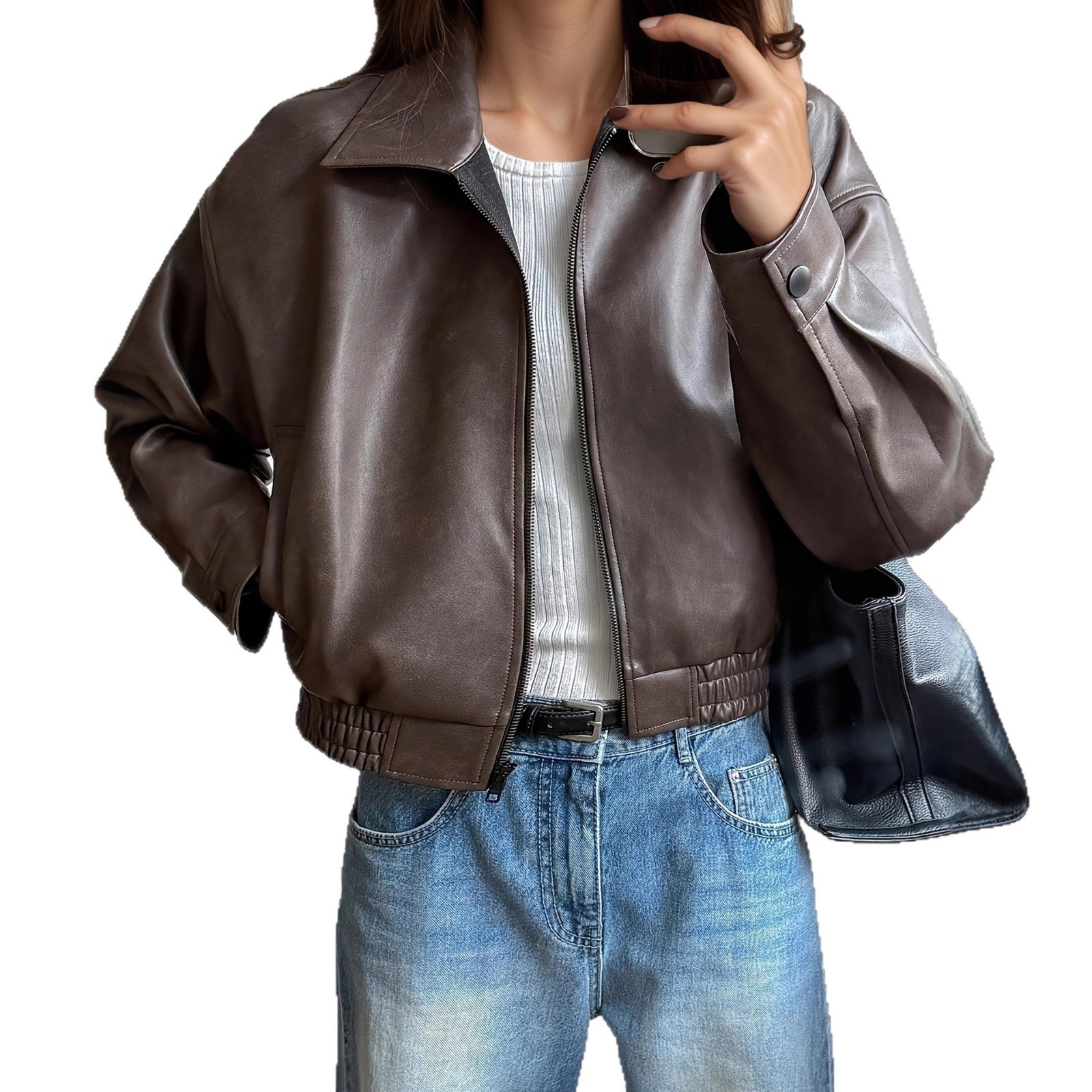 Leather Retro Jacket Long-sleeved Leather Coat - Image 4