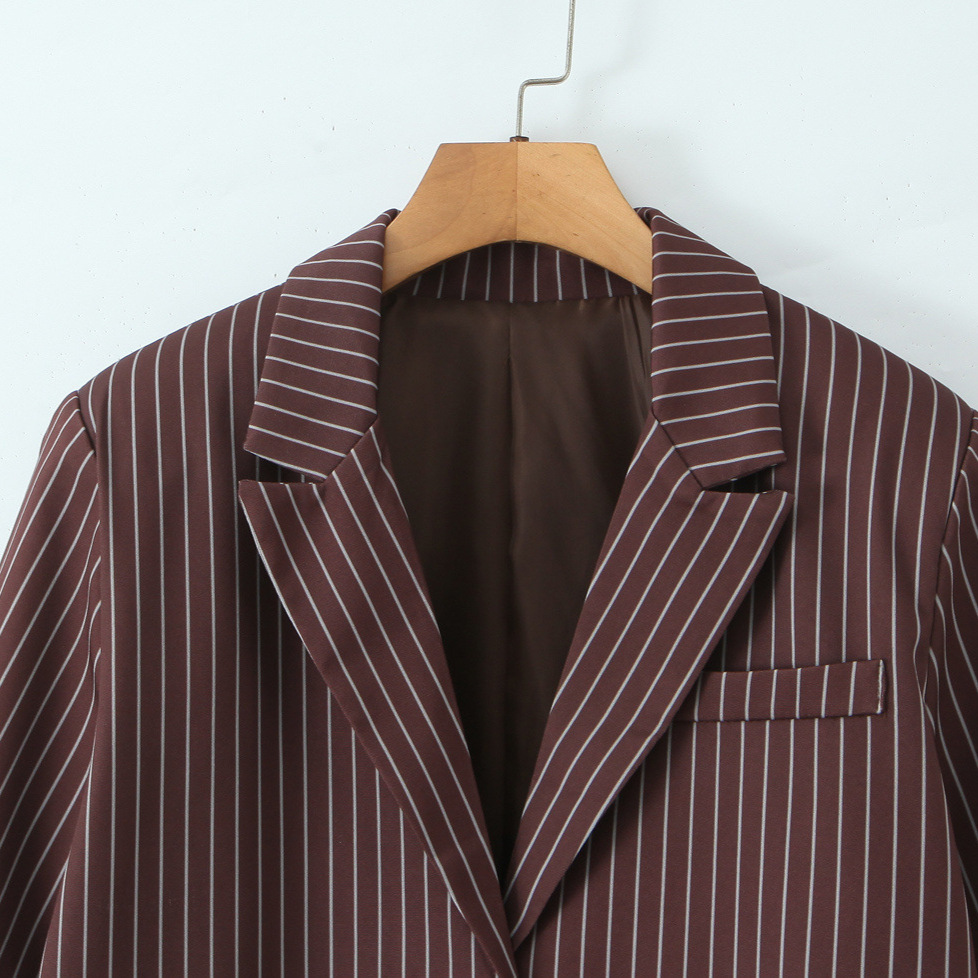 Versatile Elegant Brown Striped Loose Suit Jacket - Image 2