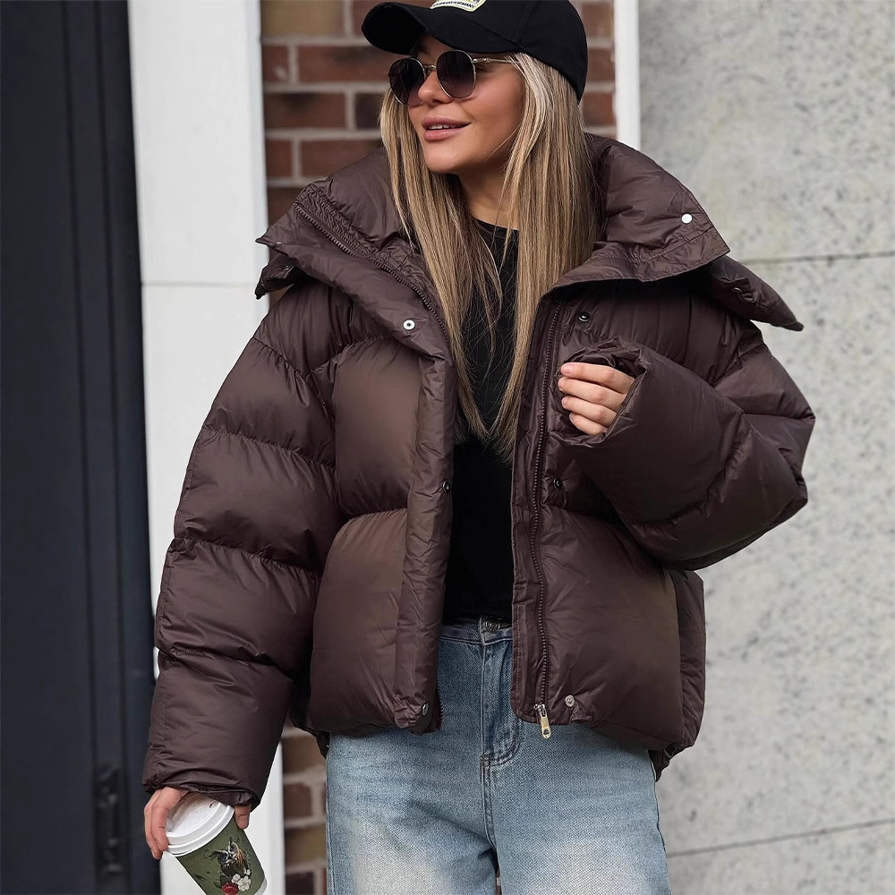 Solid Color Hooded Long Sleeve Cotton Coat For Women