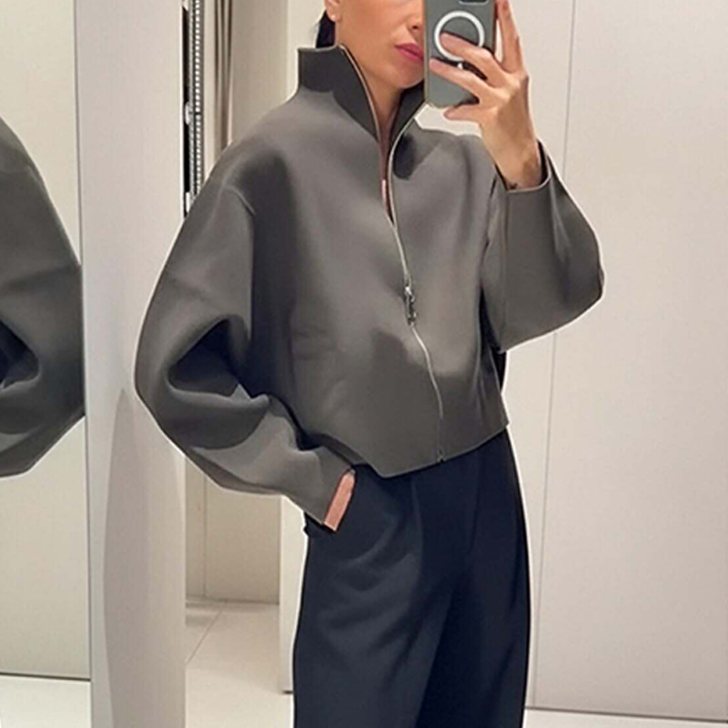 Solid Color Casual Stand Collar Zip Loose Jacket Coat Women - Image 3