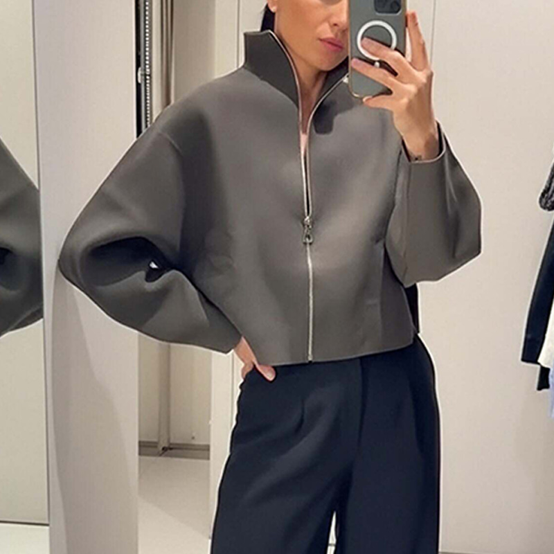 Solid Color Casual Stand Collar Zip Loose Jacket Coat Women - Image 4