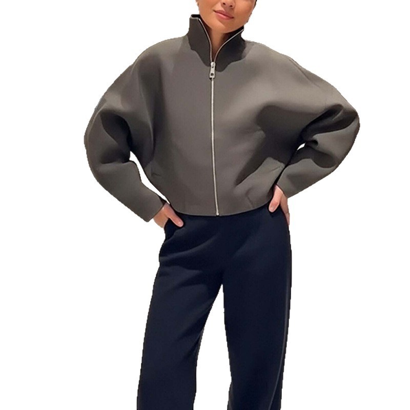 Solid Color Casual Stand Collar Zip Loose Jacket Coat Women - Image 5