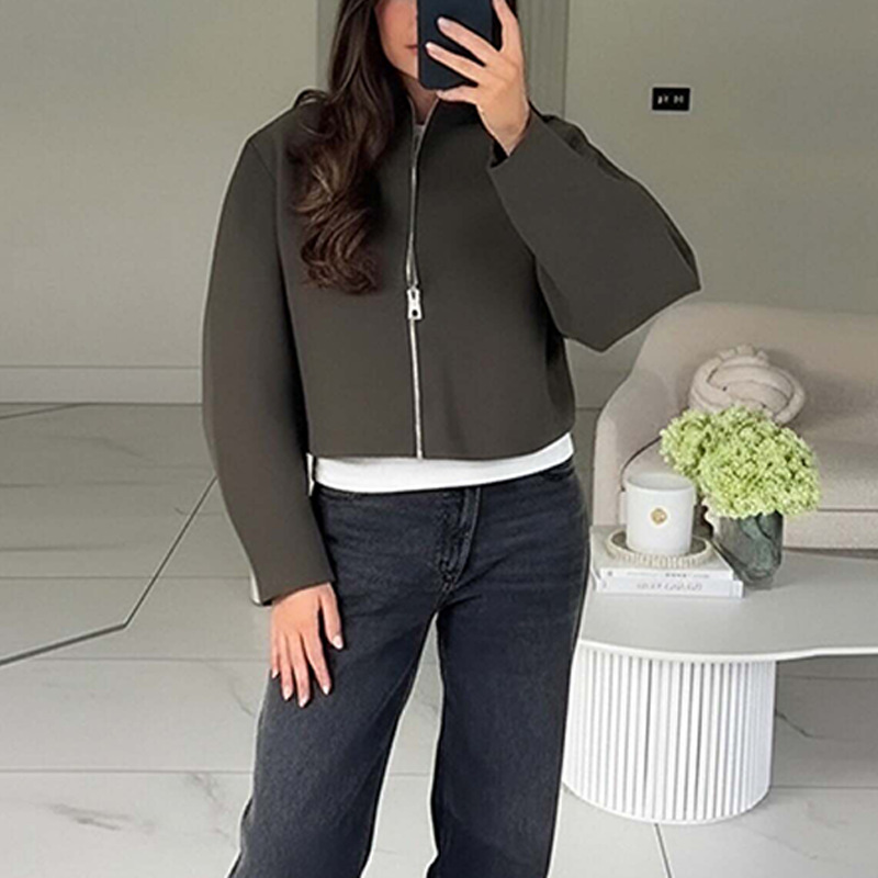 Solid Color Casual Stand Collar Zip Loose Jacket Coat Women - Image 6