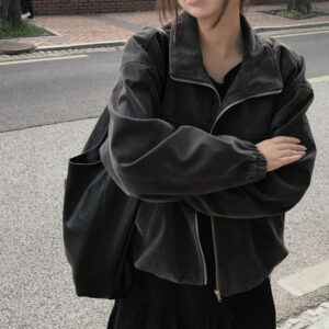 Retro Loose Slimming Versatile Zip Lapel Suede Casual Short Jacket Women