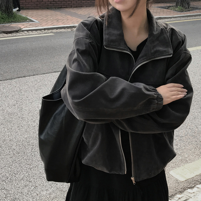 Retro Loose Slimming Versatile Zip Lapel Suede Casual Short Jacket Women