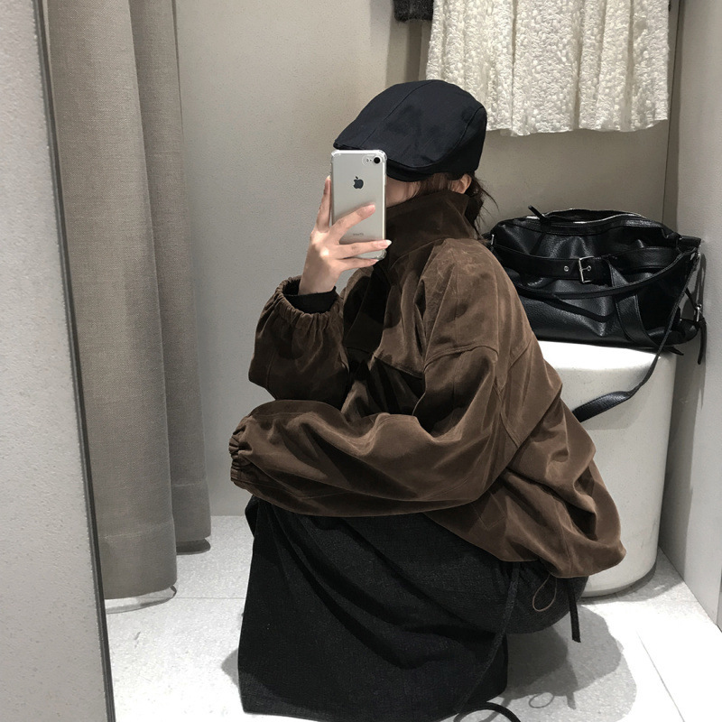 Retro Loose Slimming Versatile Zip Lapel Suede Casual Short Jacket Women - Image 2