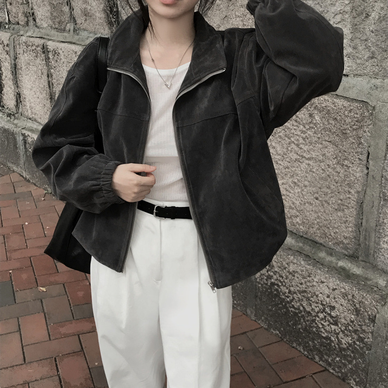 Retro Loose Slimming Versatile Zip Lapel Suede Casual Short Jacket Women - Image 3