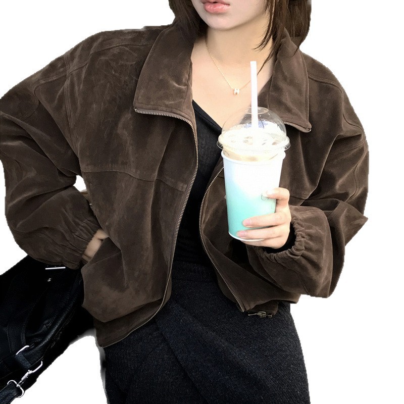 Retro Loose Slimming Versatile Zip Lapel Suede Casual Short Jacket Women - Image 4