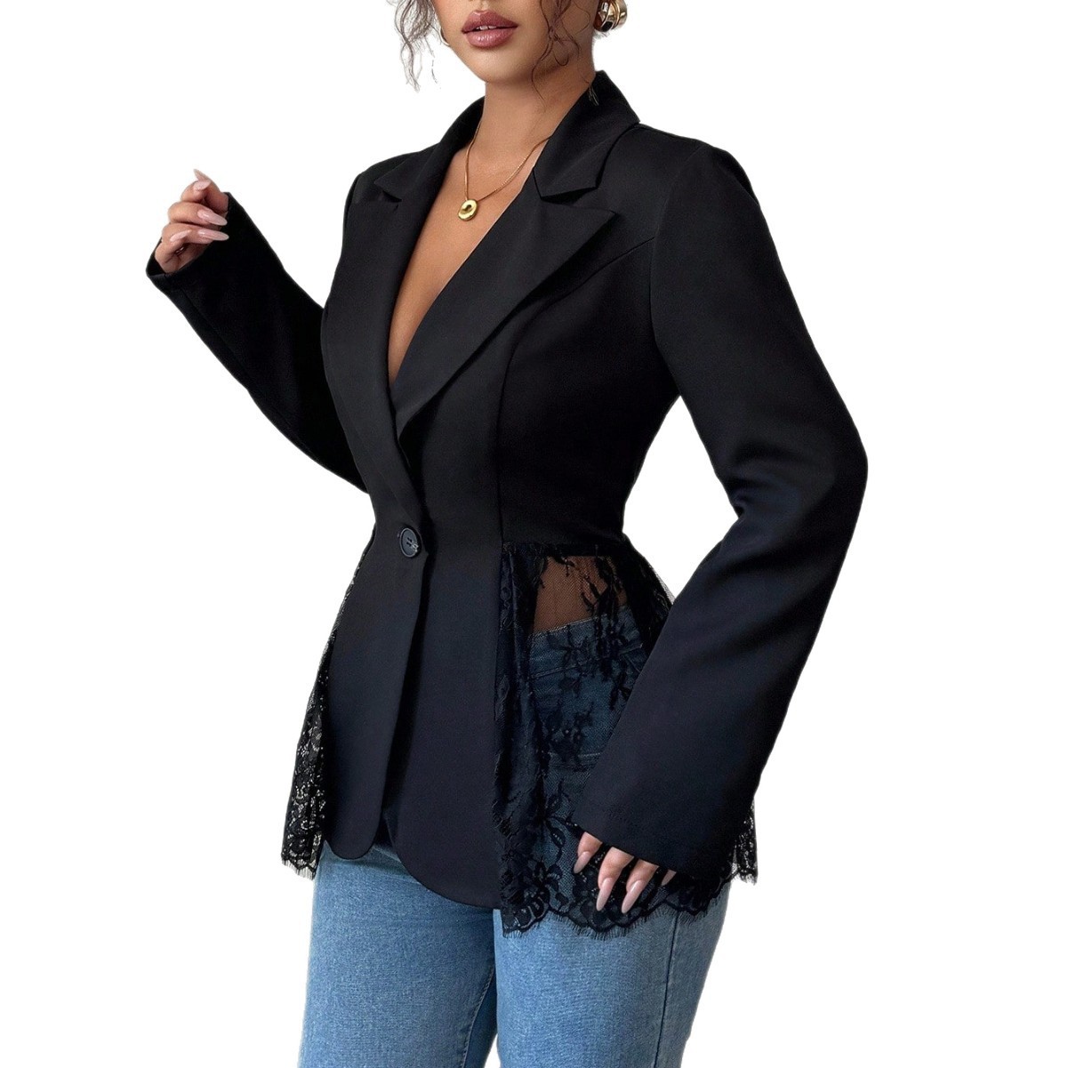Women's Contrasting-Color Lace Slim-fit A-line Blazer - Image 5