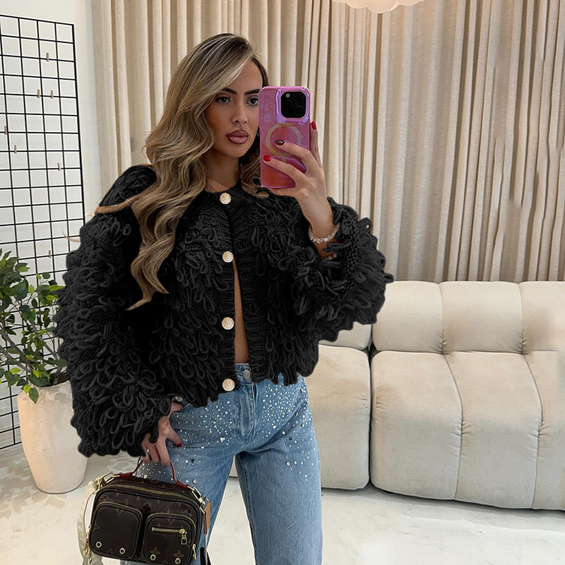 Womens Fashion Knitted Tassel-Trimmed Button-Up Sweater Coat - Image 3